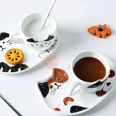 Juego De Taza+Plato Cerámica & Cuchara Diseño Cats B